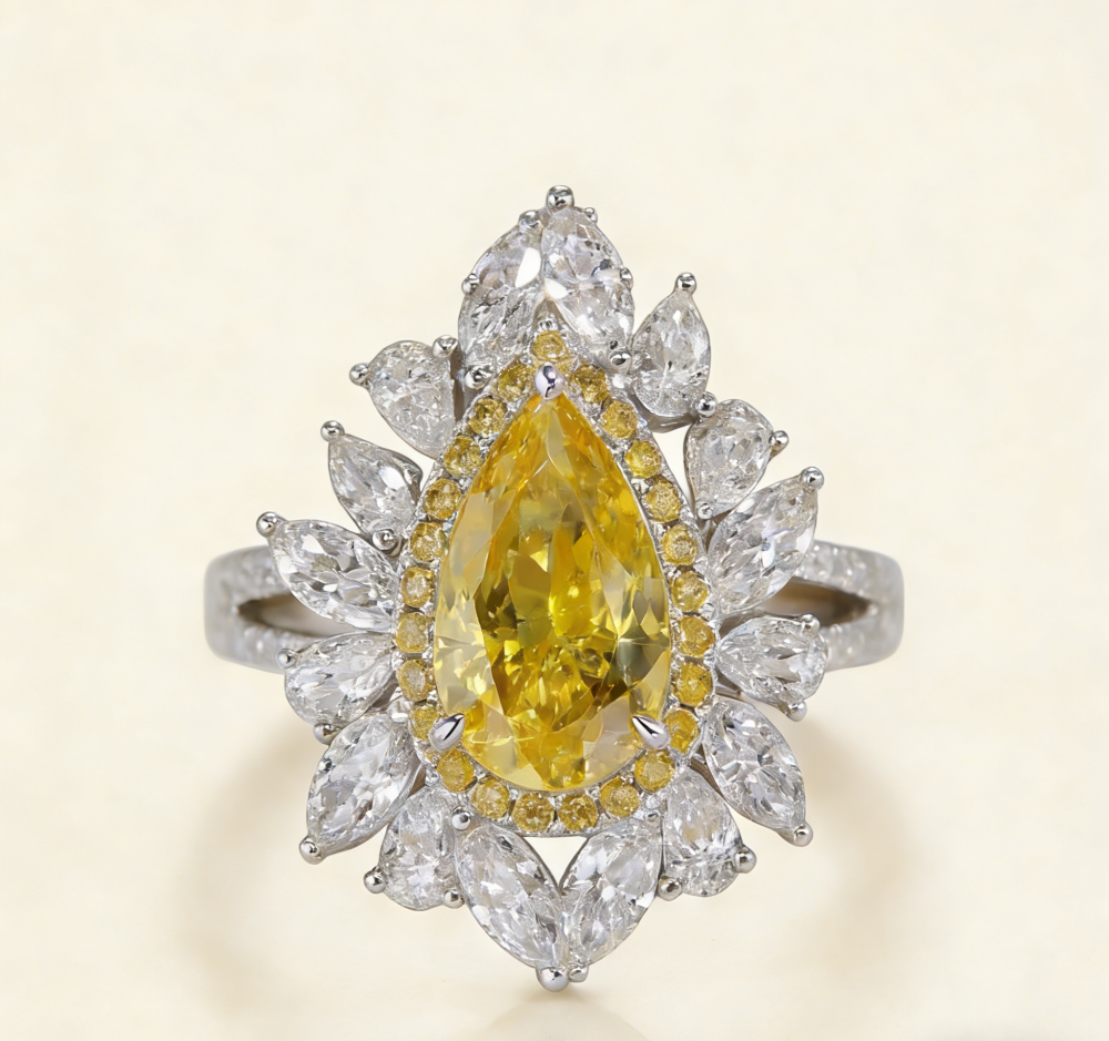 A water-drop yellow diamond group set ring