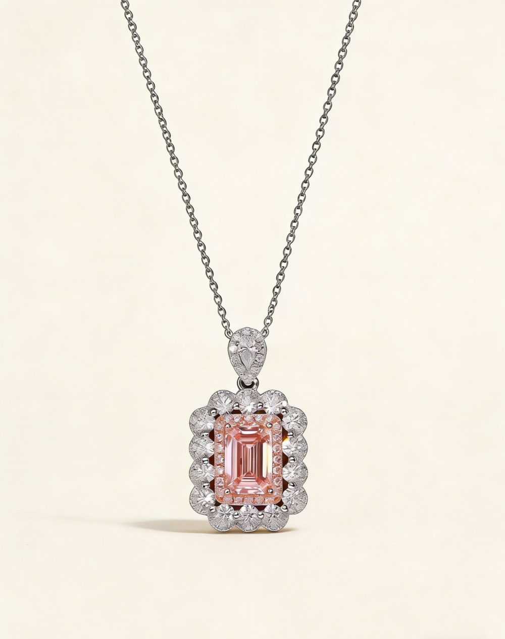 Emerald cut pink diamond pendant necklace