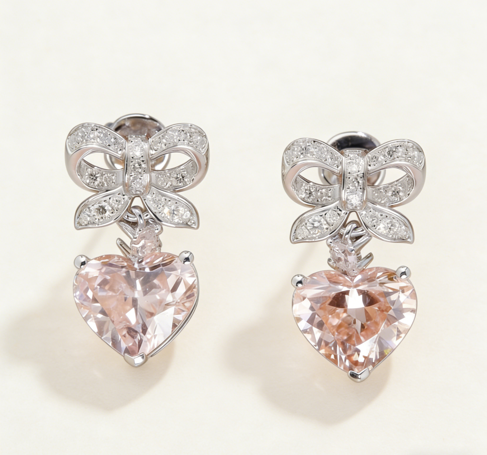 Bow-shaped stud earrings, heart-shaped pink diamond stud earrings