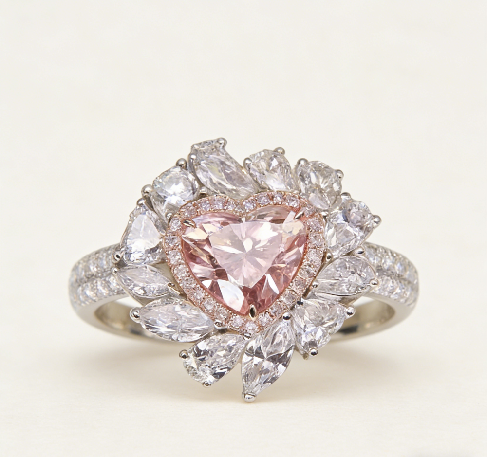 A heart-shaped pink diamond petal set diamond ring