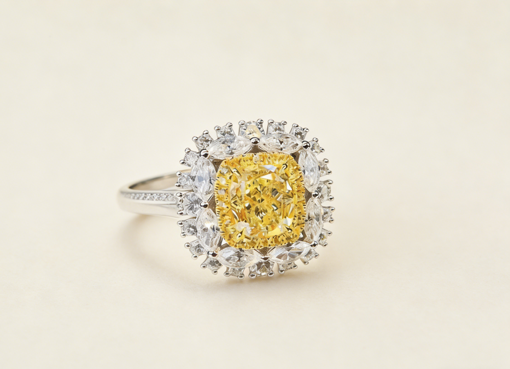 A K-gold ring set with cushion-shaped yellow diamonds and a group of diamonds