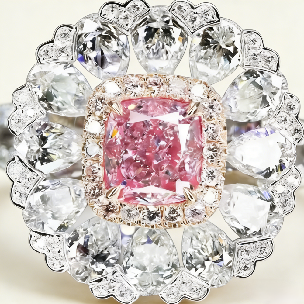 Cultivated pink diamond wreath ring – rose gold set with square pink diamonds