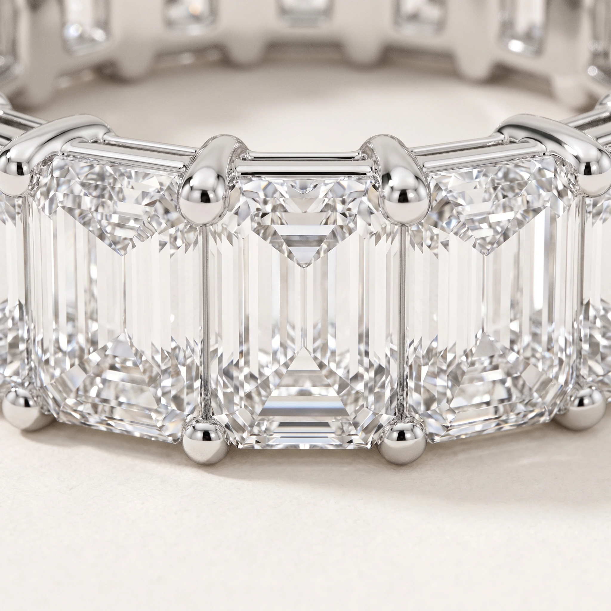 Emerald-Cut Lab-Grown Diamond Full Eternity Ring — setting and diamond detail; AI-generated style illustration