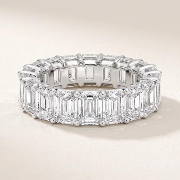 Emerald-Cut Lab-Grown Diamond Full Eternity Ring — three-quarter product view; AI-generated style illustration