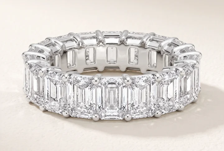 Emerald-Cut Lab-Grown Diamond Full Eternity Ring — three-quarter product view; AI-generated style illustration