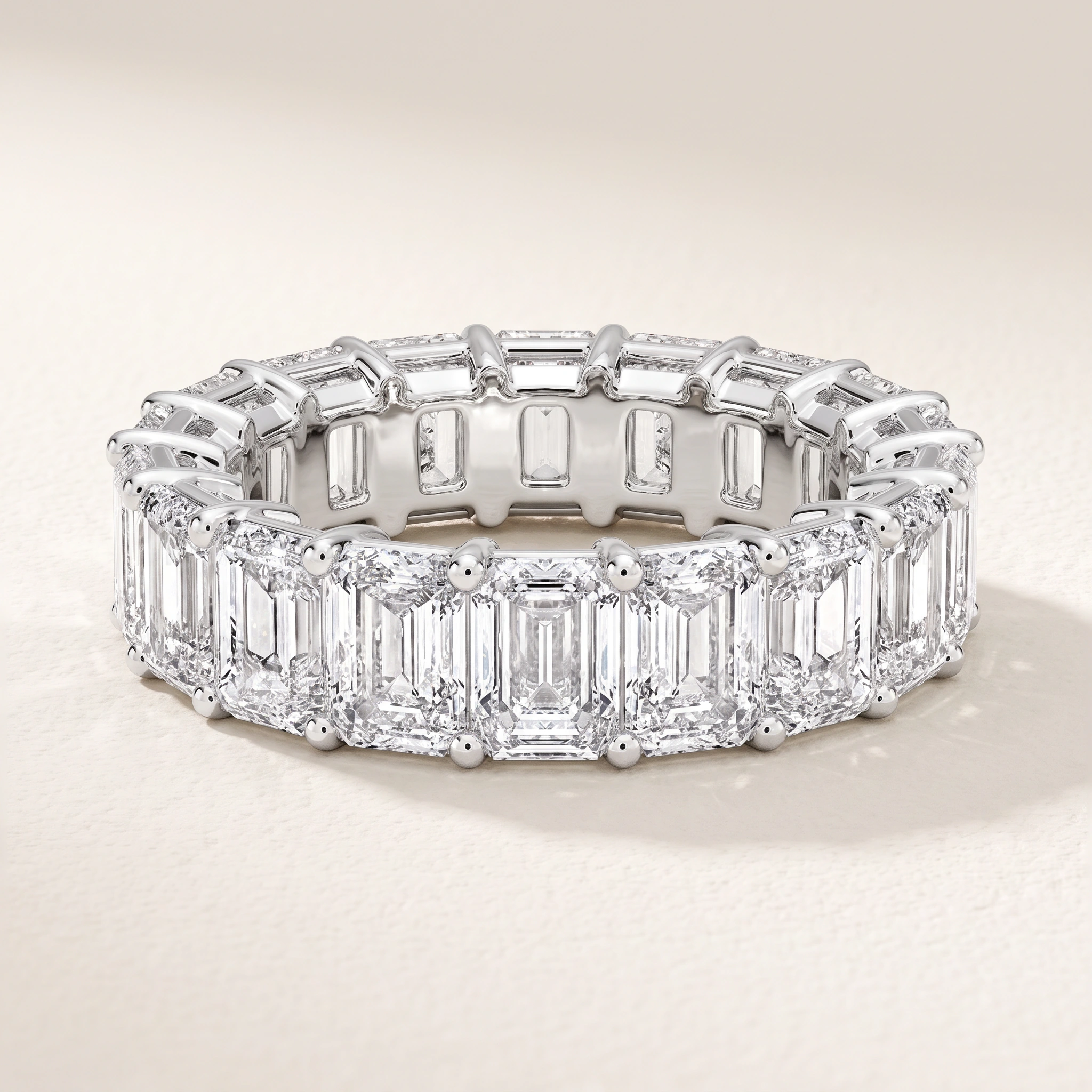 Emerald-Cut Lab-Grown Diamond Full Eternity Ring — three-quarter product view; AI-generated style illustration