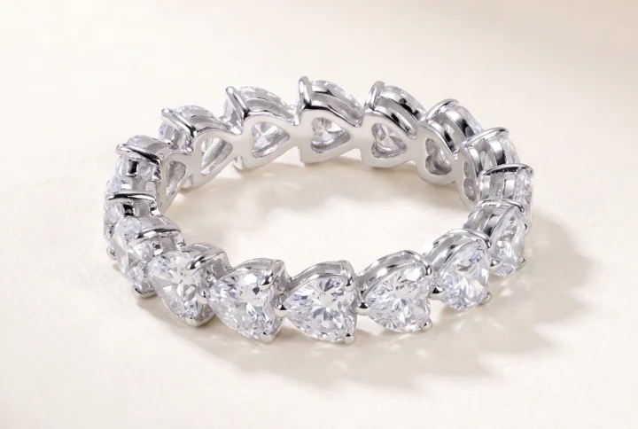Heart-Shaped Lab-Grown Diamond Full Eternity Ring — three-quarter product view; AI-generated style illustration