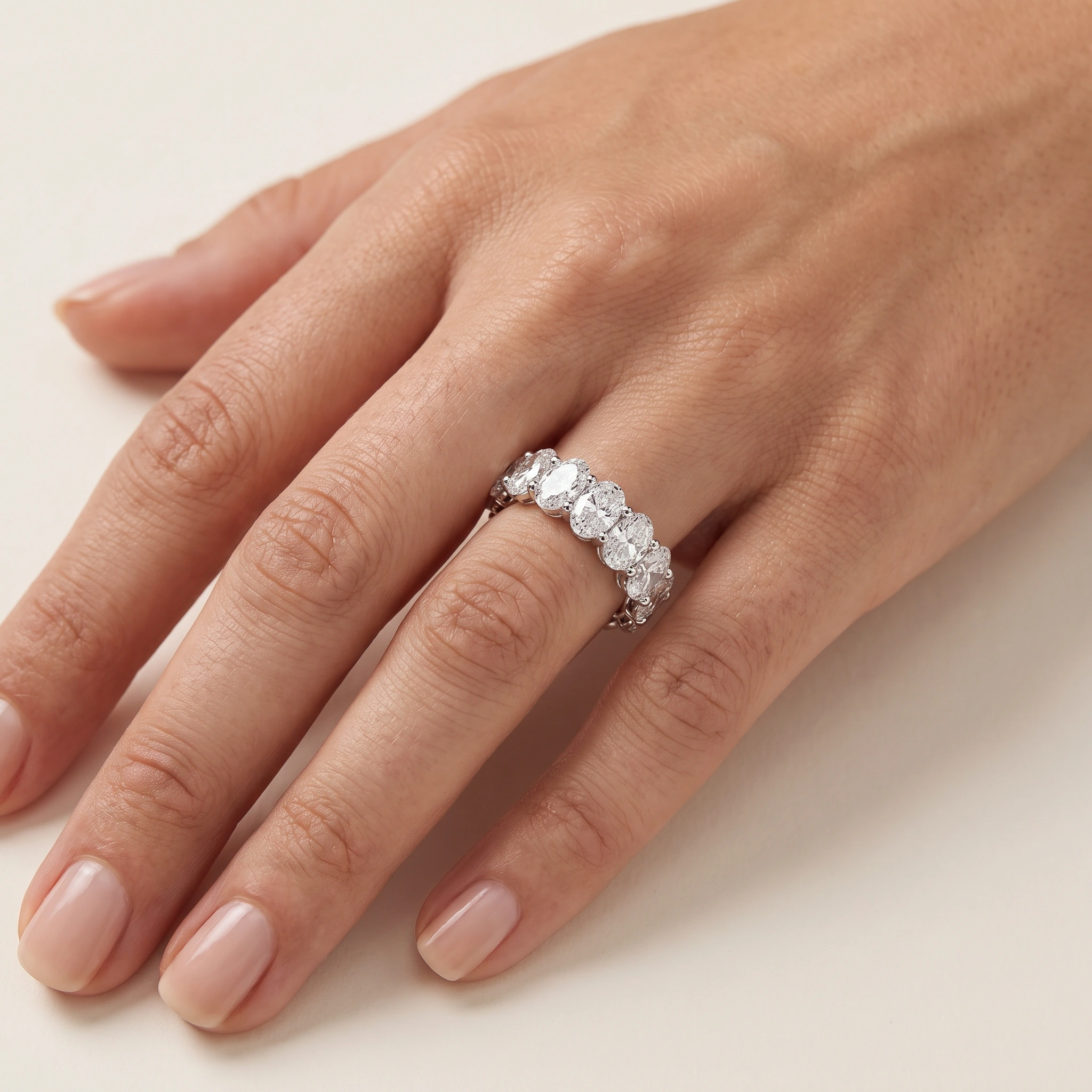 Oval Lab-Grown Diamond Full Eternity Ring — worn on an adult hand; AI-generated style illustration