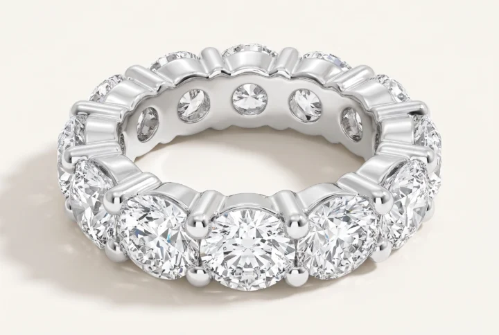 Round Lab-Grown Diamond Full Eternity Ring — three-quarter product view; AI-generated style illustration