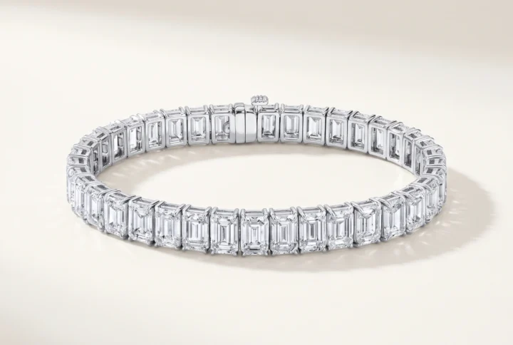Emerald-Cut Lab-Grown Diamond Tennis Bracelet — three-quarter product view; AI-generated style illustration