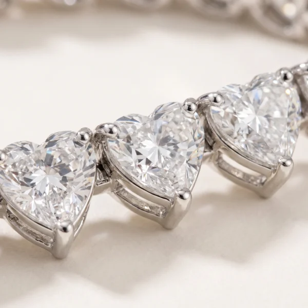 Heart-Shaped Lab-Grown Diamond Tennis Bracelet — setting and diamond detail; AI-generated style illustration