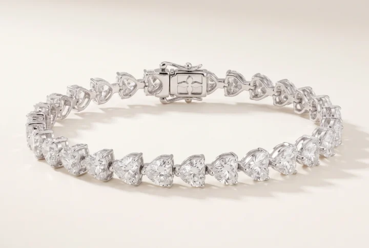 Heart-Shaped Lab-Grown Diamond Tennis Bracelet — three-quarter product view; AI-generated style illustration