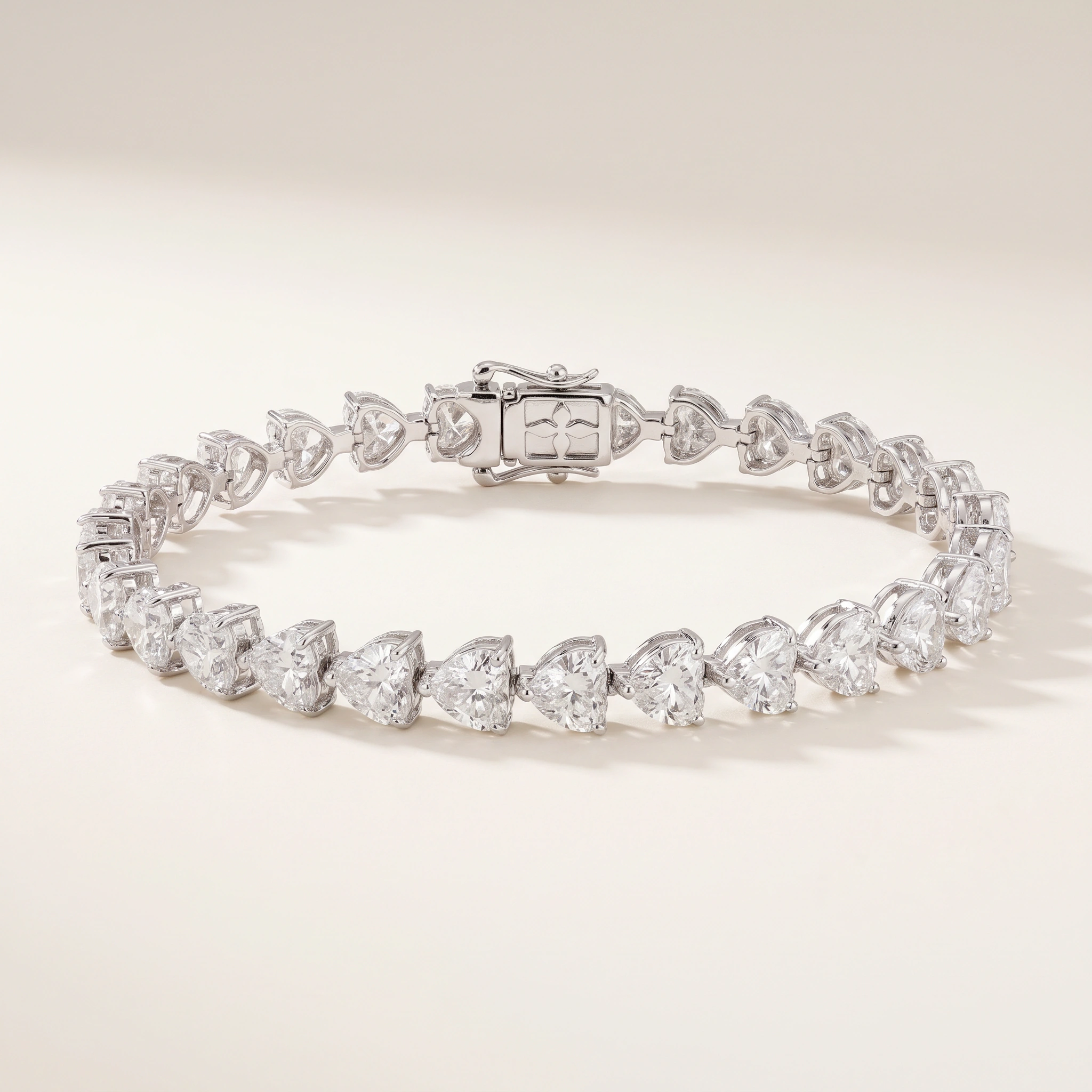 Heart-Shaped Lab-Grown Diamond Tennis Bracelet — three-quarter product view; AI-generated style illustration