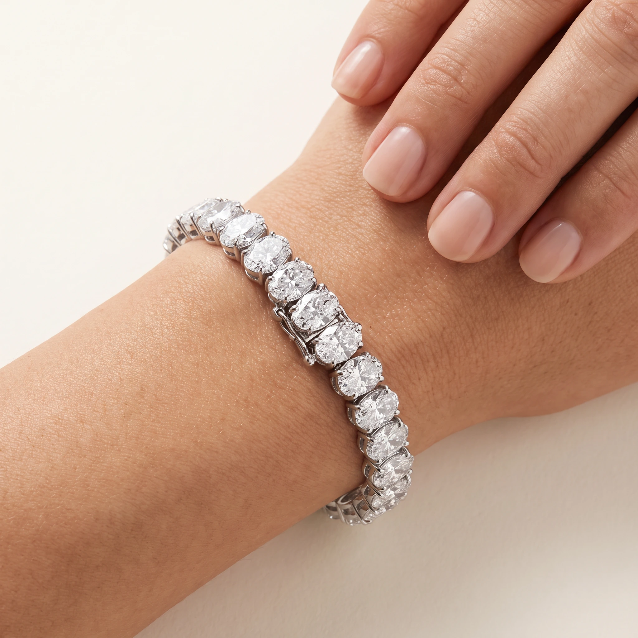 Oval Lab-Grown Diamond Tennis Bracelet — worn on an adult wrist; AI-generated style illustration
