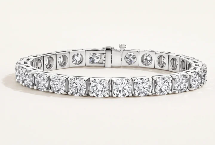 Round Lab-Grown Diamond Tennis Bracelet — three-quarter product view; AI-generated style illustration