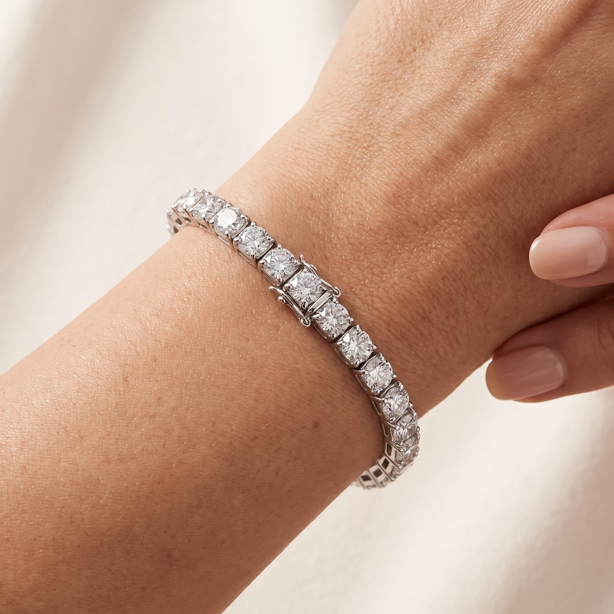 Round Lab-Grown Diamond Tennis Bracelet — worn on an adult wrist; AI-generated style illustration